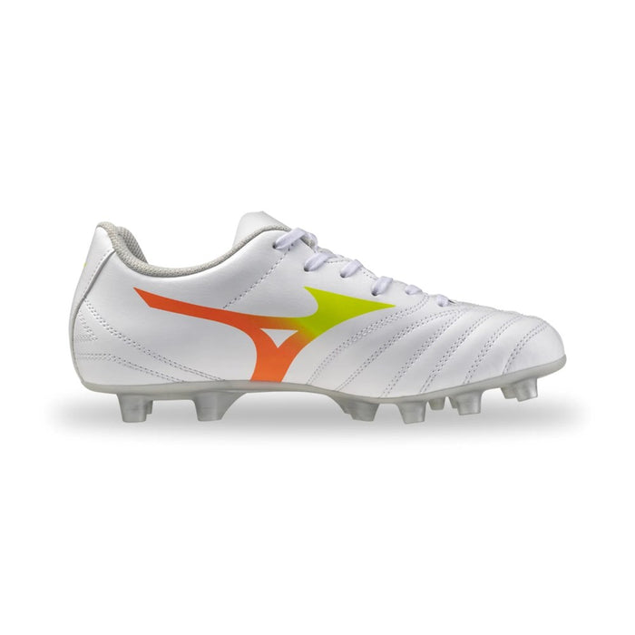 Mizuno Monarcida Neo III Select Junior FG football boot in white, evening primrose and lava orange