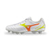 Mizuno Monarcida Neo III Select Junior FG football boot in white, evening primrose and lava orange