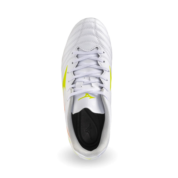 Mizuno Monarcida Neo III Select Junior FG football boot in white, evening primrose and lava orange