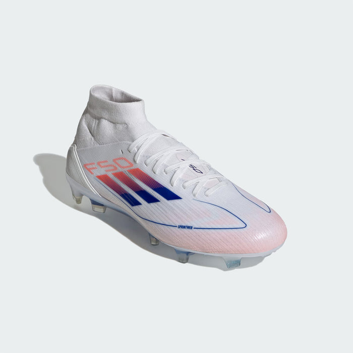 Adidas F50 Pro Mid-Cut FG Womens Football Boots (White/Lucid Blue/Solar Red)