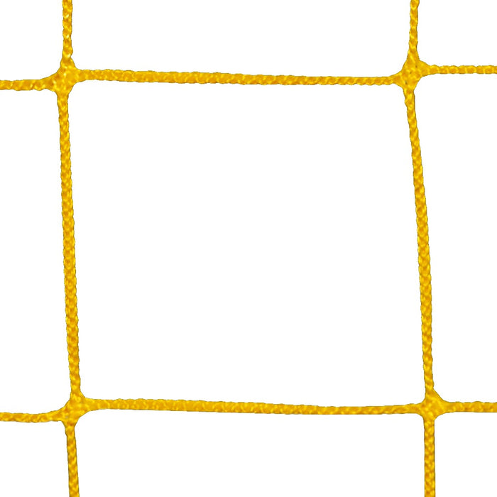 4mm HTPP yellow square-mesh futsal net close-up on a white background