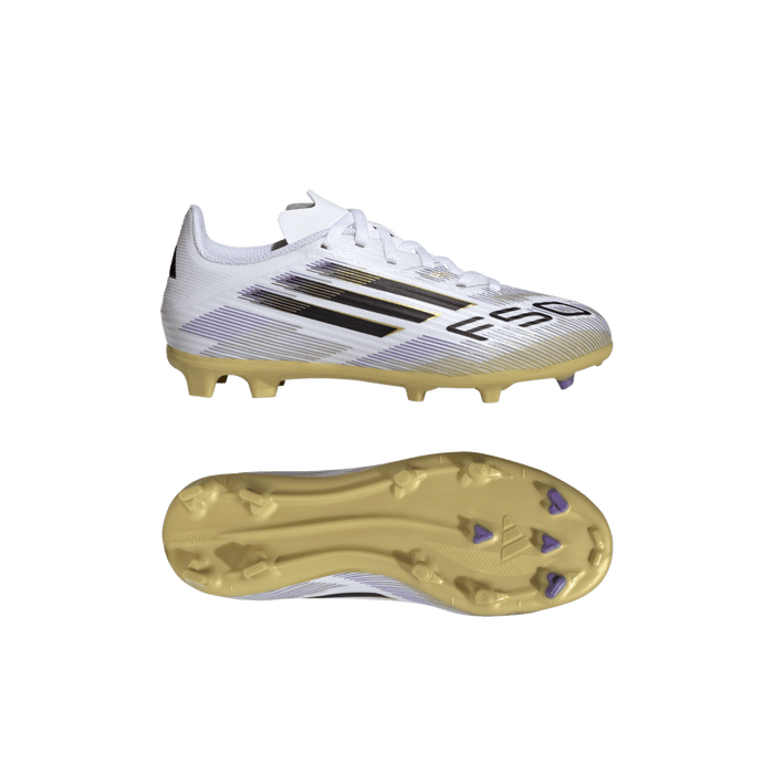 Adidas F50 League FG/MG Jnr Football Boots (White/Black/Metallic Gold)