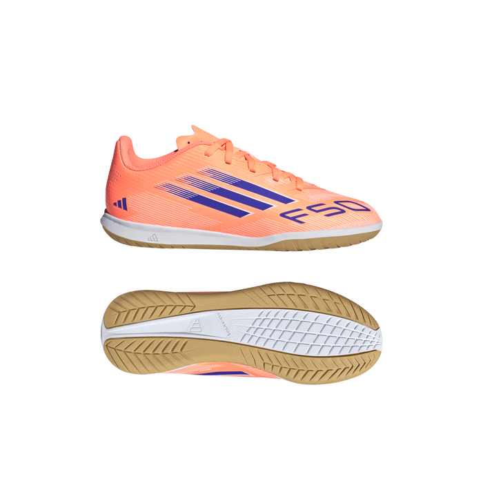 Adidas F50 League Jnr Indoor Football Shoes (Beam Orange/Lucid Blue/White)