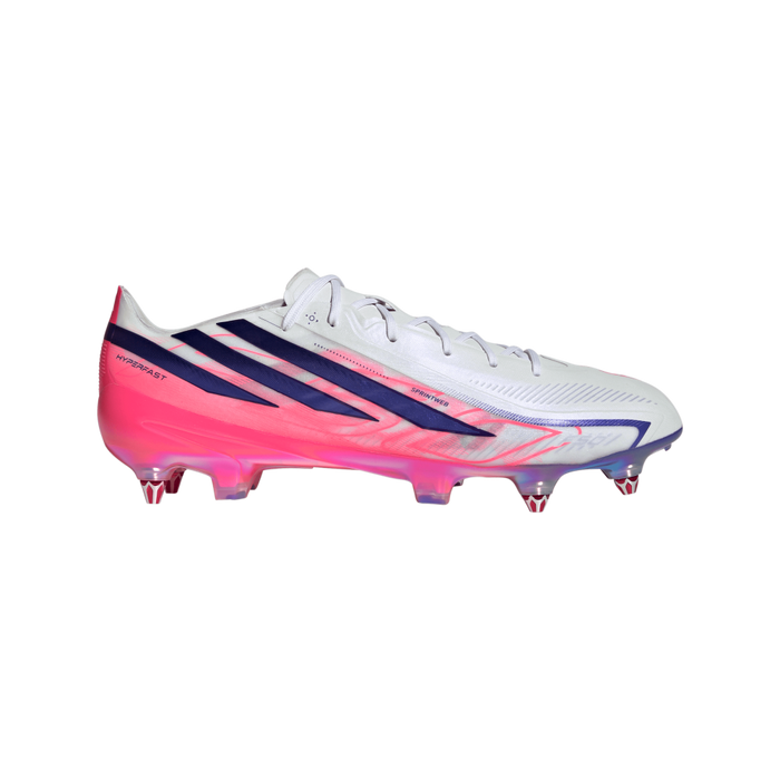 adidas F50 Hyperfast Elite SG football boot in white, solar purple and solar turbo