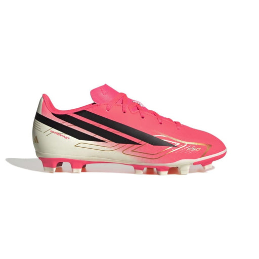adidas F50 Hyperfast Club FG/MG junior football boot in solar turbo, black and gold - outer side profile