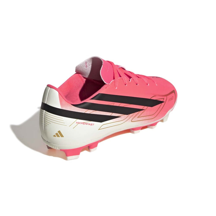 adidas F50 Hyperfast Club FG/MG junior football boot in solar turbo, black and gold - heel and back angle