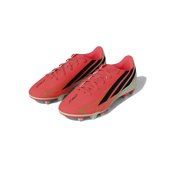 adidas F50 Hyperfast Club FG/MG junior football boot in solar turbo, black and gold - side profile