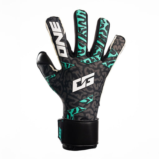 The One Glove OG1 Mentality Monster goalkeeper glove in black and teal, backhand view